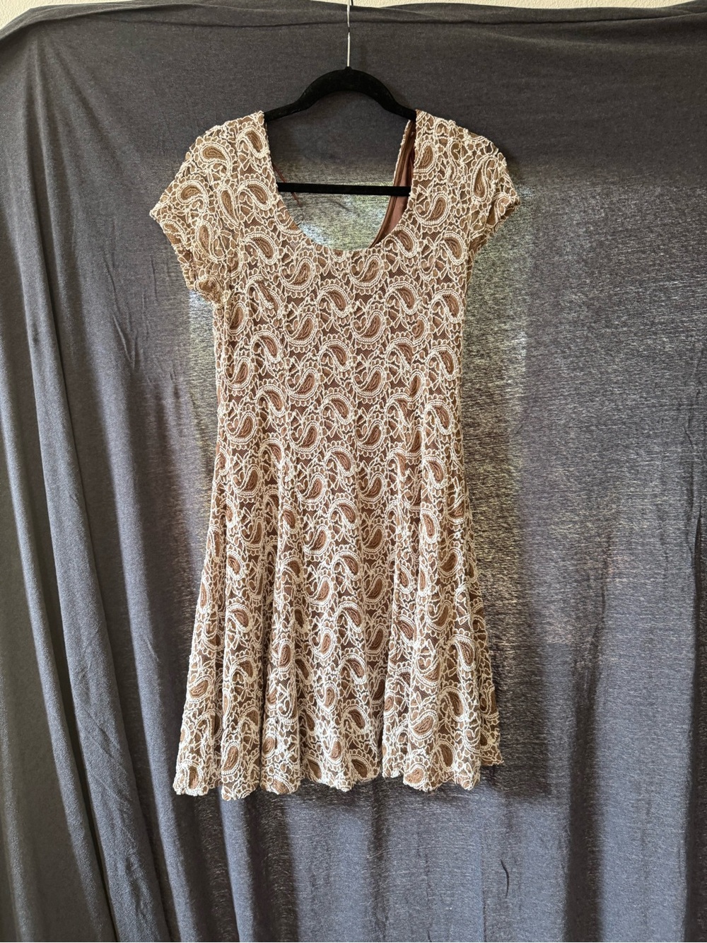 Papillon Blanc Beige Lace Overlay Skater Dress with Cream Lining